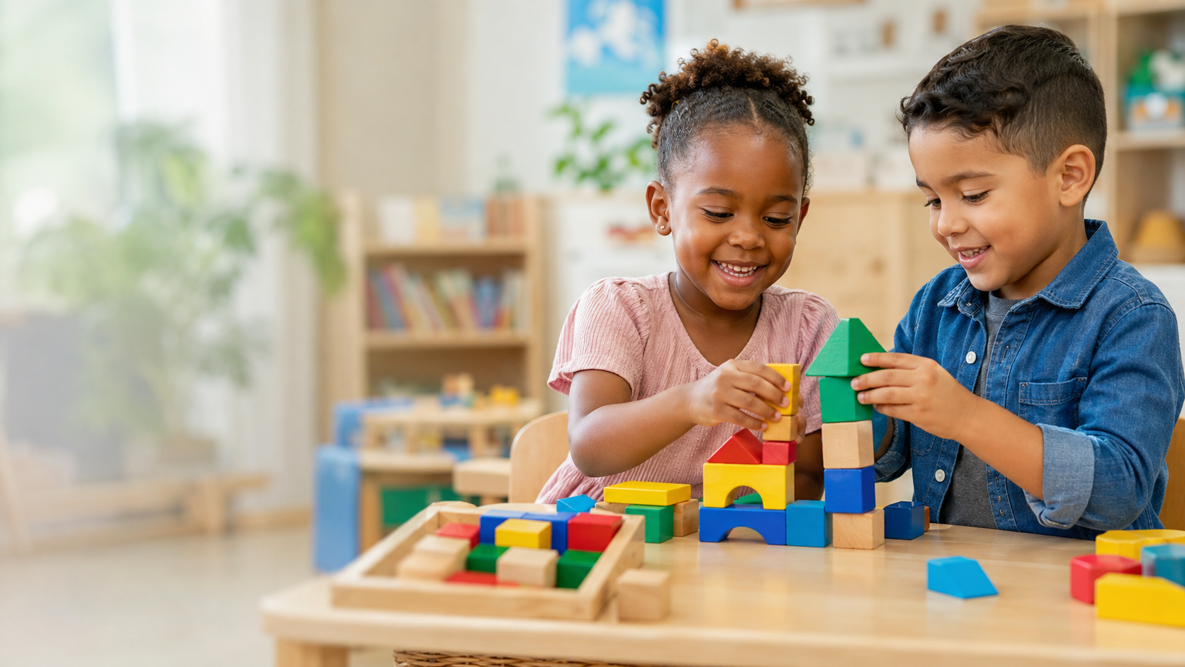Two preschool learners building with colorful classroom blocks
